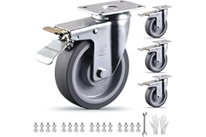 VM VIMA 5 Inch All Brake Castets Set of 4 Heavy Duty Caster Wheels 3000Lbs Swivel TPR Rubber Wheel Silent Castor Locking Industrial Plate Casters Wheels for Cart Furniture Workbench