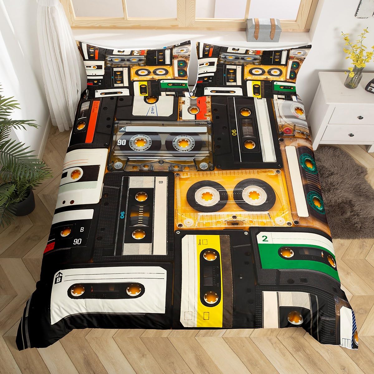 Homewish Cassette Tape Comforter Cover 80S Party Bed Set, Plastic Tapes Duvet Cover Double Classical Music Theme Bedding Sets, Old Fashion Bedspread Cover Vintage 70S Party Decorations 3Pcs