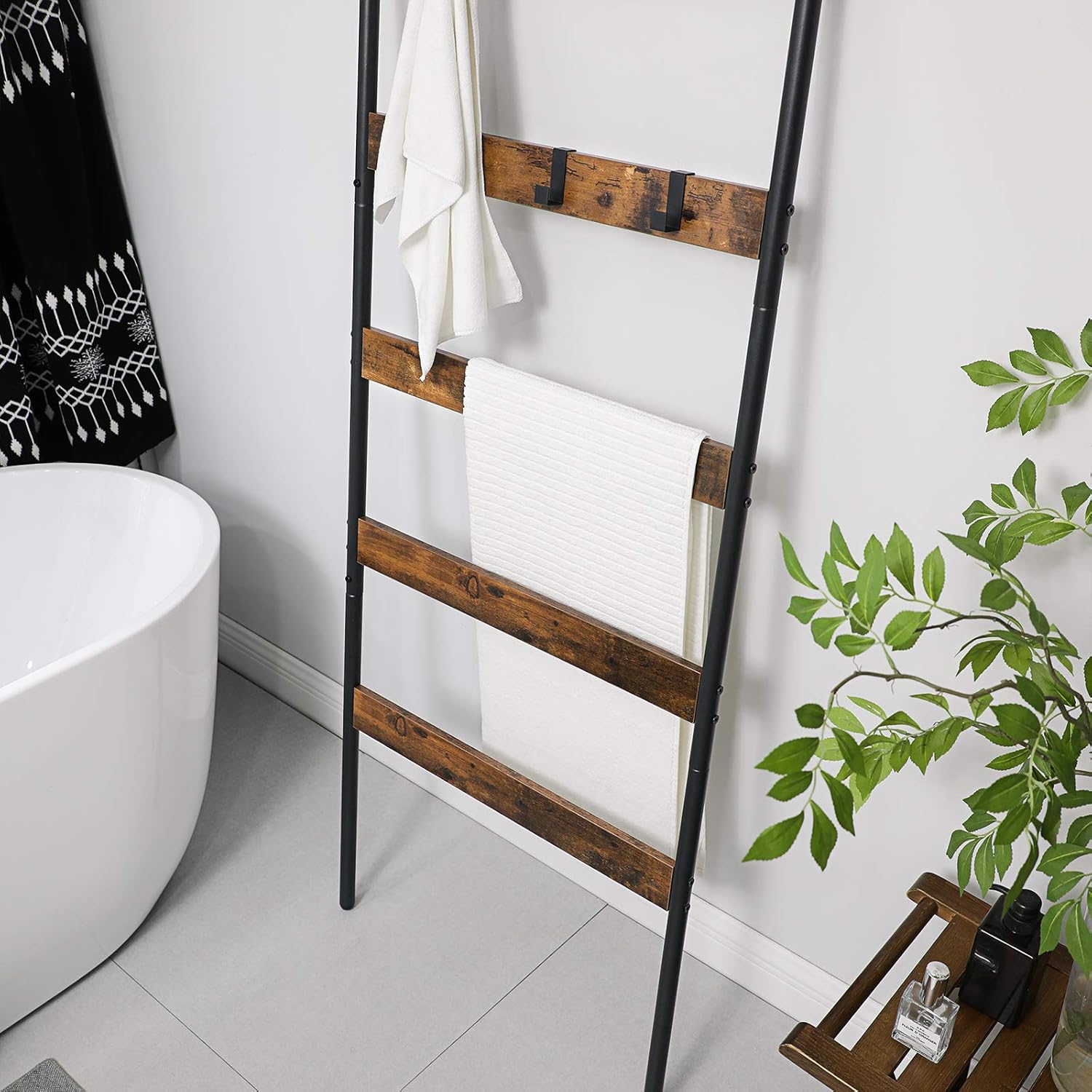 VASAGLE 5-Tier Blanket Ladder Shelf, Wall-Leaning Rack with 4 Hooks, Steel Frame, 23.6 Inch Wide, for Blankets, Scarves, Industrial Style, Rustic Brown and Black ULLS011B01: Furniture & Decor