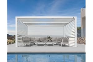 PURPLE LEAF Louvered Pergola 10' x 16' White Outdoor Aluminum Pergola with Roller Blinds Adjustable Gazebo Rainproof for Patio Deck Garden, 1 Long Side and 2 Short Side