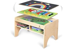 Bolocon Kids 3-in-1 Wooden Art & Activity Table Playset Furniture with 4 Compartments for Storage, Play Table Compatible with Blocks&Bricks and Train Set for Preschool Toddler Boy & Girl (STD.)