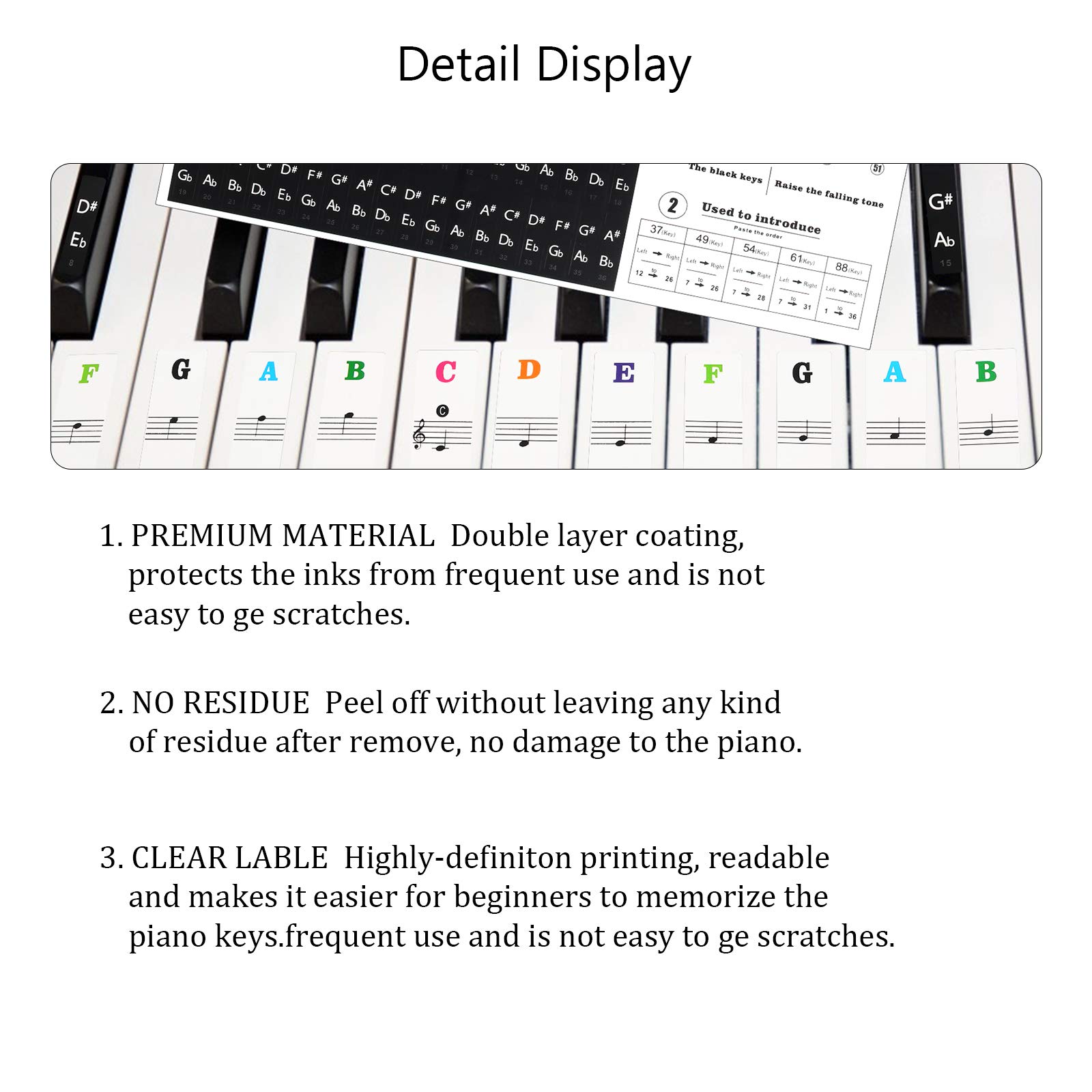 Matogle Piano Key Stickers for Beginners Piano Key Note Sticker Electronic Keyboard Stickers Clear Plastic Removable Keyboard Stickers for 37 49 54 61 88 Keys Multicolor