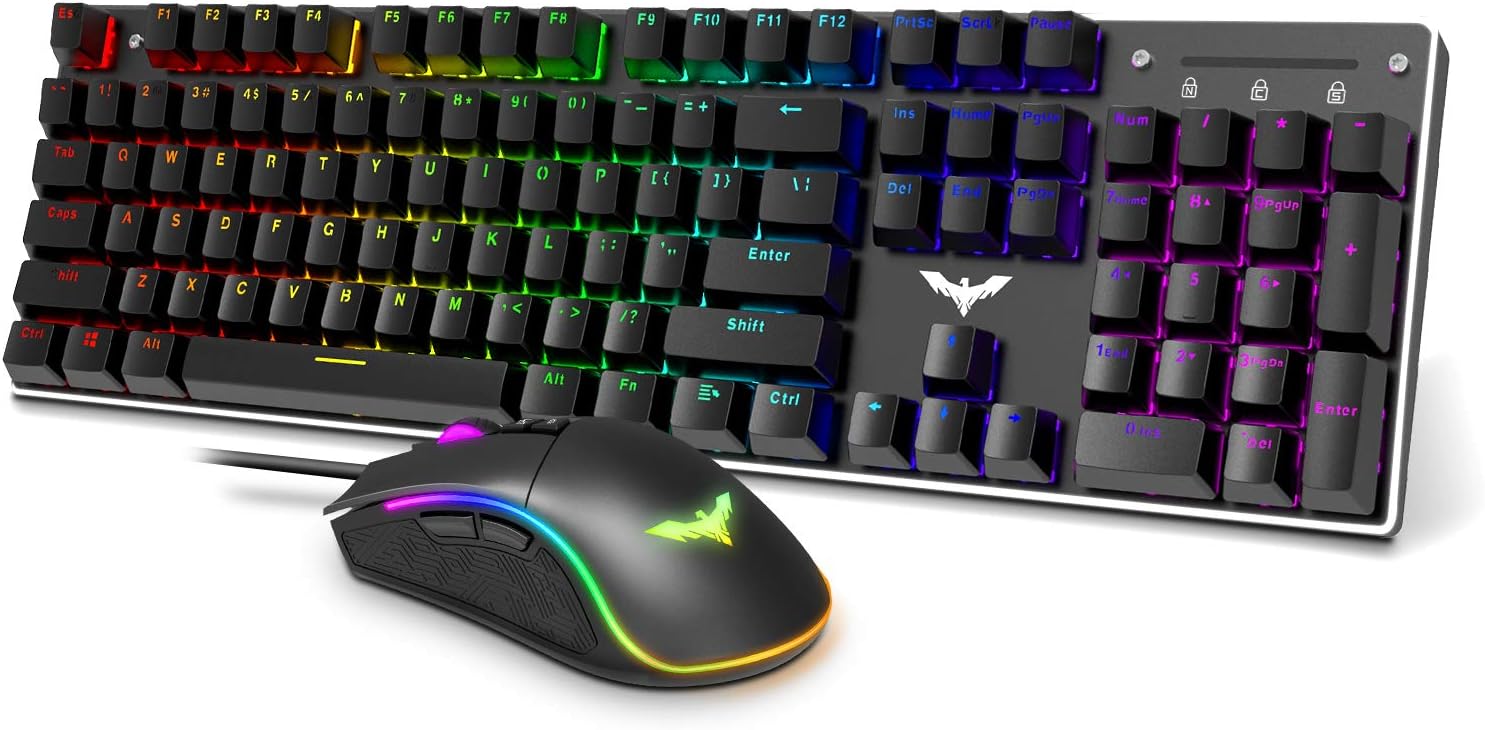 Havit Mechanical Gaming Keyboard and Mouse Combo Blue Switch 104 Keys Rainbow Backlit Keyboards, 4800 Dots Per Inch 7 Button Mouse Wired for PC Gamer Computer Laptop: Computers & Accessories