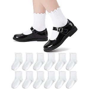 DOKKOME Girls White Ruffle Socks 12 Pairs Kids School Uniform Dress Cotton Crew Ankle Socks for 4-12 Years
