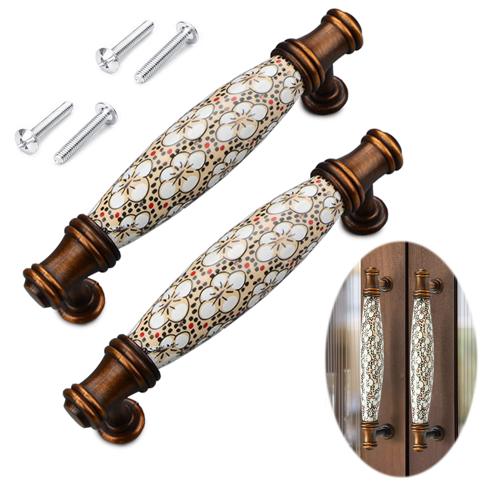 2 Pcs Vintage Ceramic Door Handle Cabinet Pull,Ceramic Furniture Drawer Handles,Zinc Alloy Antique Bronze Plated for Wood Wardrobe Cabinet Drawer Home Decoration with Screws