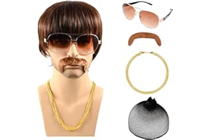 MEINV 5Pcs 70s 80s Disco Wigs Set with Mustache Sunglasses Gold Chain Hairnet, Brown Afro Short Hair Synthetic Mullet Toupee for Adult Mens 50s 60s Singer Rocker Hippies Costumes Cosplay Halloween Party