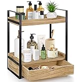 Ukonvi 2-Tier Bathroom Organizer Countertop with Drawer, Wood Counter Shelf for Storage, Vanity Tray for Organization and Decor, Countertop Organizer for Bathroom, Kitchen, Office (Brown)