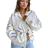 Xunger Women’s Cropped Corduroy Jackets Baseball Sequin Patched Raw Hem Short Button Down Jacket Coat(1043-White-M-RD)