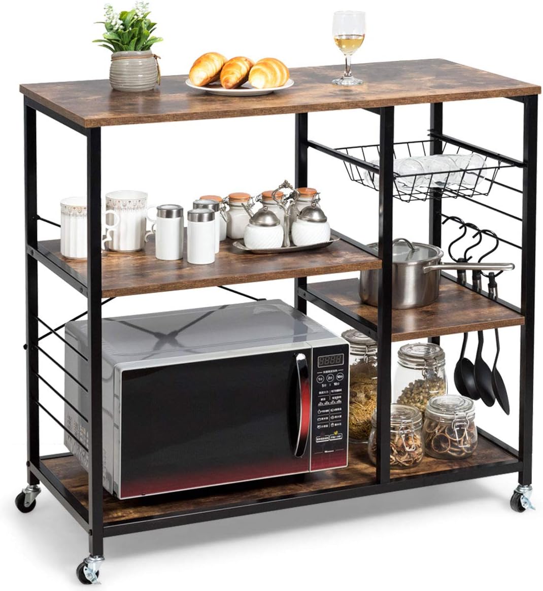 Giantex Industrial Kitchen Baker's Rack with Lockable Universal Wheel, Microwave Oven Stand, Metal Frame, Utility Storage Shelf, Basket and Hooks, Easy Assembly (Brown) - Standing Baker's Racks