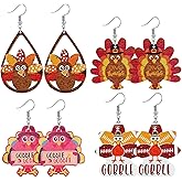 4 Pairs Fall Thanksgiving Drop Dangle Earrings for Women Lightweight Autumn Wooden Teardrop Earrings Cute Colorful Pumpkin Maple Leaf Sunflower Turkey Earrings