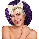 YFONG 100% 22 Momme Mulberry Silk Bonnet for Sleeping Women, Larger Double Layer Silk Hair Wrap for Curly Short Long Hair, Non-Slip Sleep Cap Turban with Elastic Tie Band (Purple & Yellow)