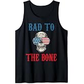 Bad To The Bone Skeleton Skull USA Flag Sunglasses Tank Top