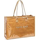 Lushandy PVC Tote Bag for Women, Large Plastic Tote Purse Work Kraft Paper Letter Print Shoulder Bag Carry All Hobo Handbag