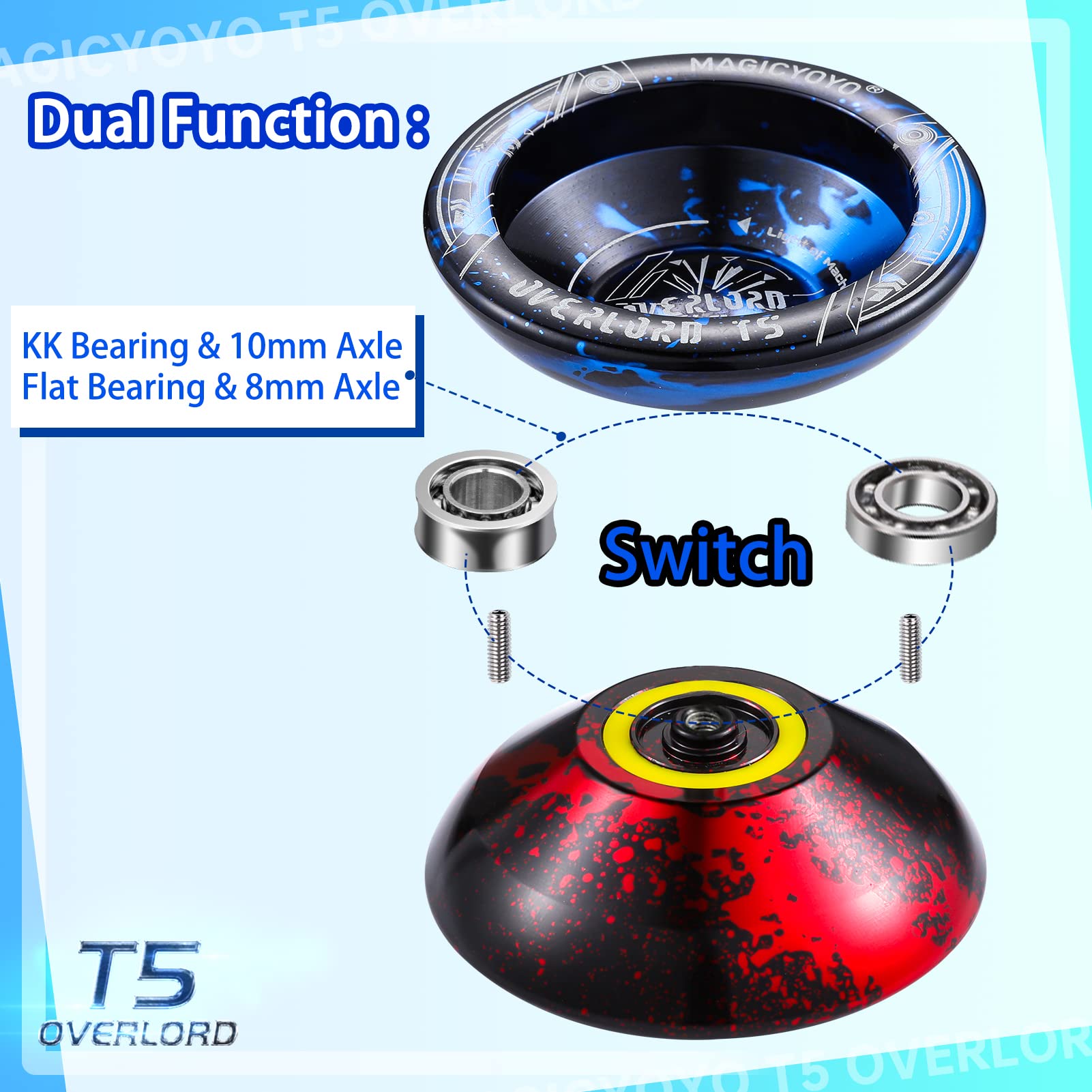 MAGICYOYO Professional Unresponsive Yoyo T5 Overlord, Dual Function Yo Yo Pro Alloy Yoyo Metal Bind Return Trick Yoyo, Flat Bearing + Bearing Remover Tool + Axle + Yoyo Storage Bag + 12 Yoyo Strings