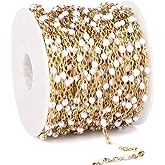33 Feet Gold Enamel Chains Bulk, 2mm 18K Gold PVD Plated 304 Stainless Steel White Enamel Beaded Cable Link Chain Roll Spool for Jewelry Making