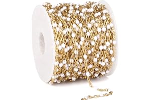CADIKEZ 33 Feet Gold Enamel Chains Bulk, 2mm 18K Gold PVD Plated 304 Stainless Steel White Enamel Beaded Cable Link Chain Roll Spool for Jewelry Making