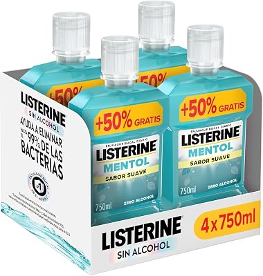 Mentol Sabor Suave Enjuague Bucal 0% Alcohol, 750 ml, 4 uds