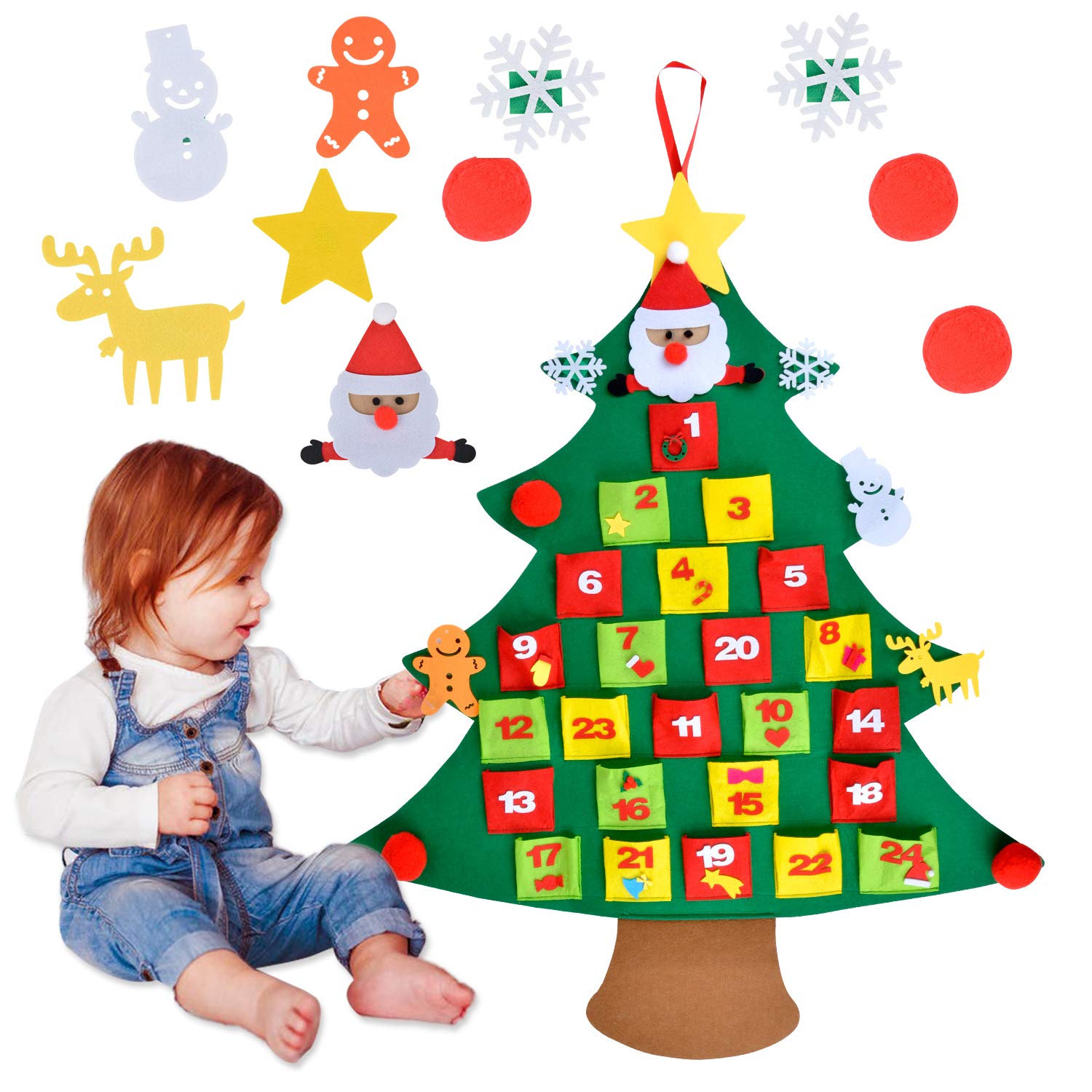 Coxeer Felt Christmas Tree Advent Calendar Pocket Count Down Calendar DIY Xmas Wall Hanging Tree Calendars with 10 PCS Ornaments Gift for Kids Christmas Decorations