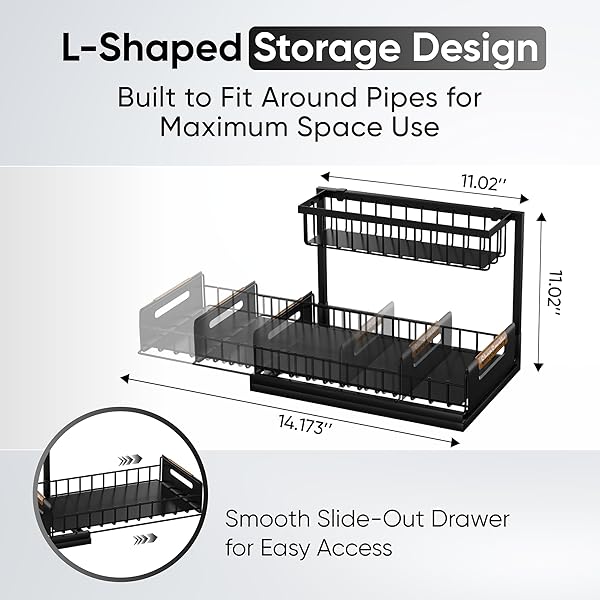 SHOPSMATLY UNDER SINK ORGANIZER 2-PACK, METAL UNDER SINK ORGANIZER FOR KITCHEN & BATHROOM, MULTI-USE UNDER SINK STORAGE RACK FOR CLEANING SUPPLIES AND BATHROOM ESSENTIALS (BLACK)