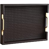 HofferRuffer Faux Leather Rectangle Serving Tray Decor Platter with Gold Metal Handles for Coffee Table, Breakfast, Tea, Food, Countertop, Kitchen, Butler Tray, 16.2 x 12.2 x 2 inches (Coffee)