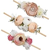 mligril Baby Girl Floral Headbands- 3pcs Nylon Headband Handmade Flower Crown Elastic Hairband Newborn Toddler Hair Accessories Gifts for Girls （1-6 years old）
