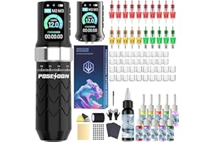 POSEIDON Tattoo Gun Kit, Wireless Tattoo Pen Kit Tattoo Kit with 2Pcs Battery and 20 Pcs Tattoo Cartridge Needles, 7 Stroke Settings, Normal/Dot Modes, LED Display, Complete Tattoo Machine Kit