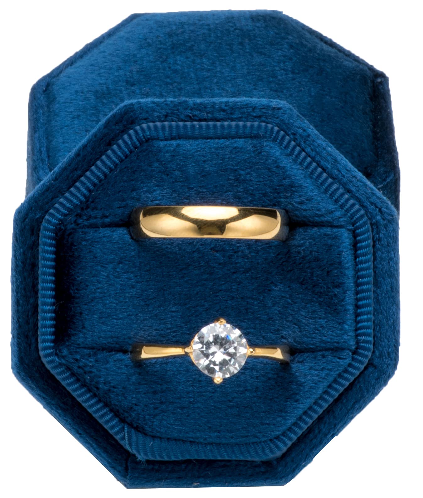 POKOFO Premium Velvet Ring Bearer Box for Proposal Engagement Wedding Ceremony - Equilateral Octagon Vintage Double Ring Display Holder with Detachable Lid (Dark Blue)