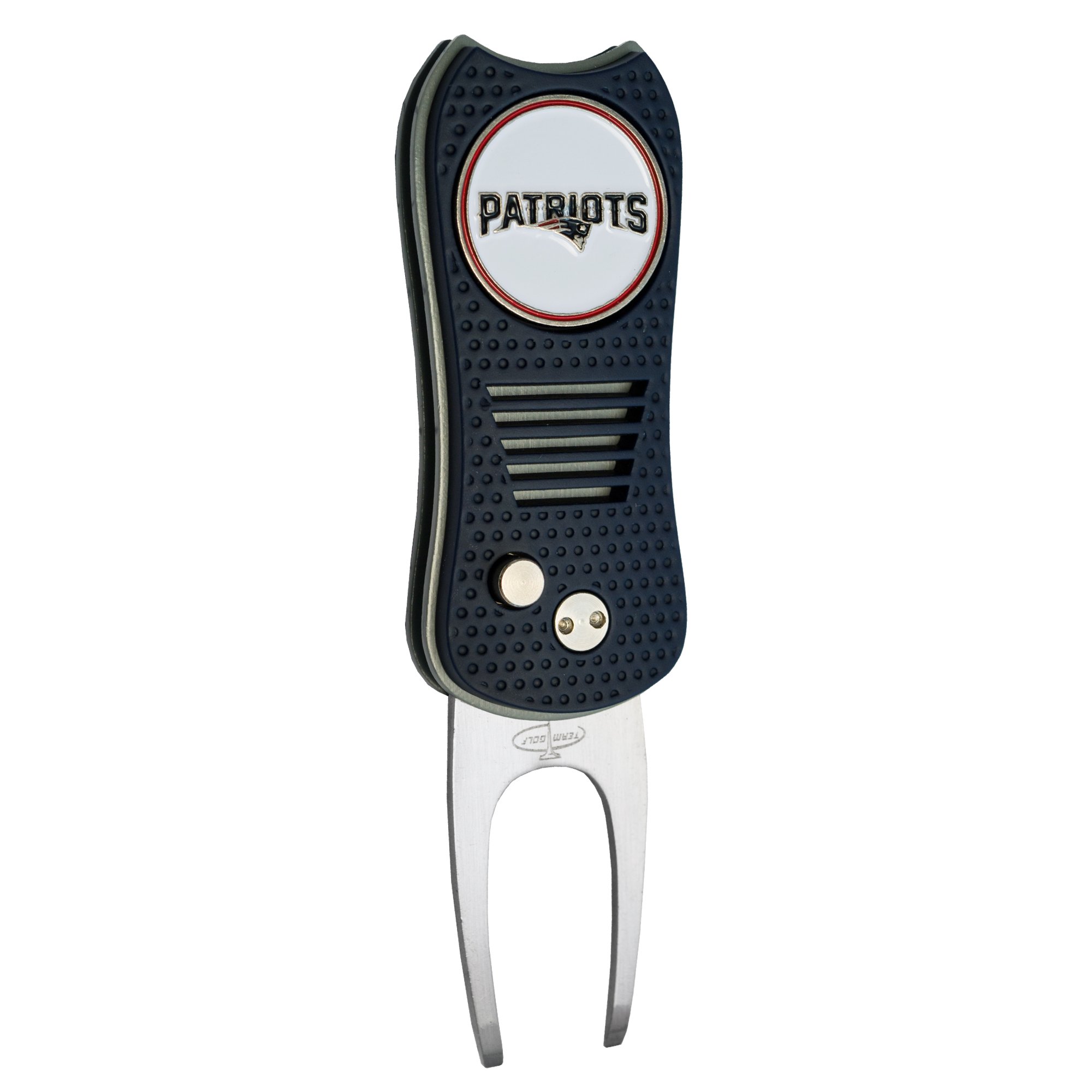 Team Golf NFL New England Patriots Retractable Divot Tool with Double-Sided Magnetic Ball Marker, Features Patented Single Prong Design, Causes Less Damage to Greens
