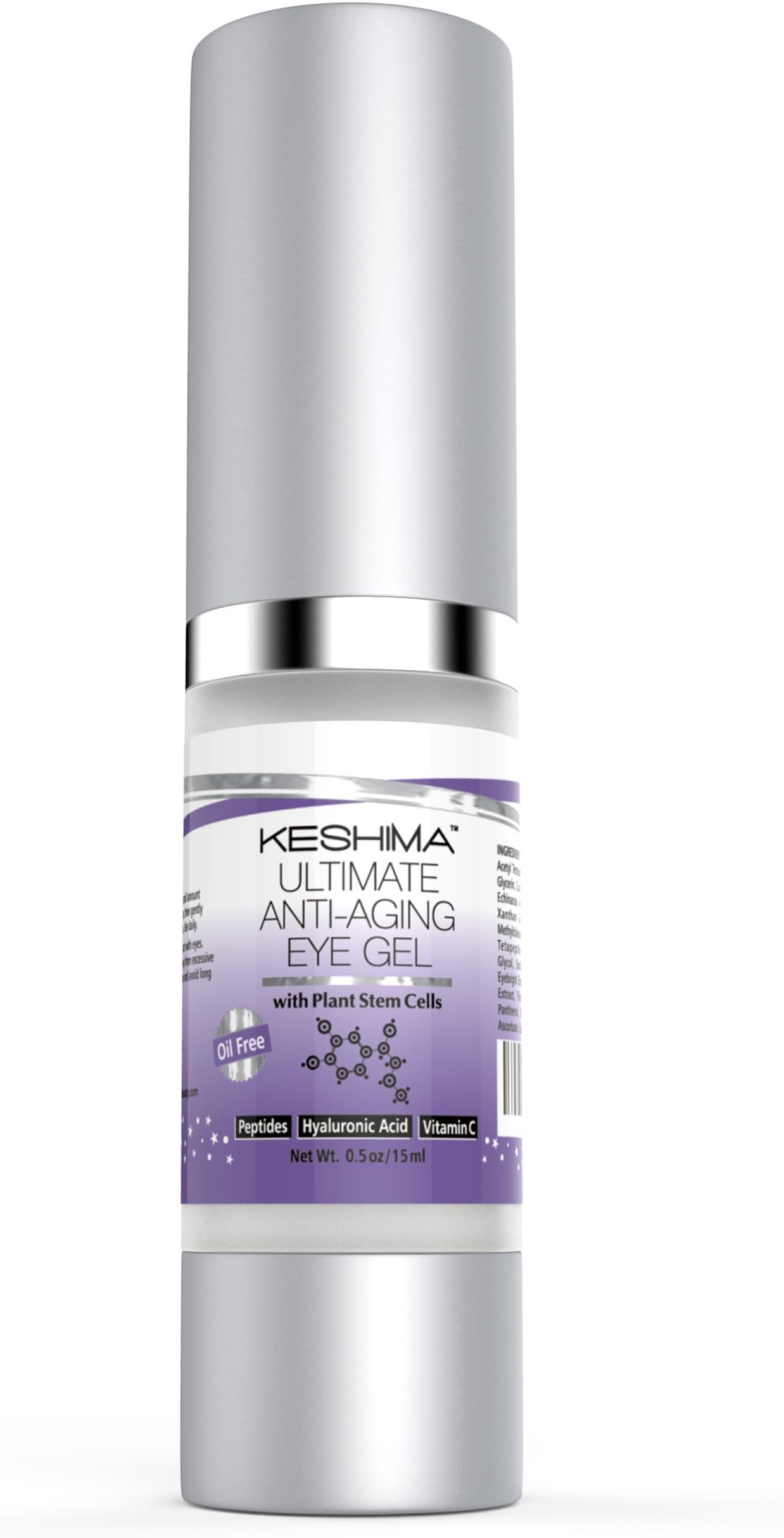 KESHIMAEye Gel for Crow's Feet, Puffiness, Sagging Skin, Dark Circles and Wrinkles - Cream with Plant Stem Cells, Vitamin C, Hyaluronic Acid, Complex Peptides, Aloe, Green Tea - Oil Free