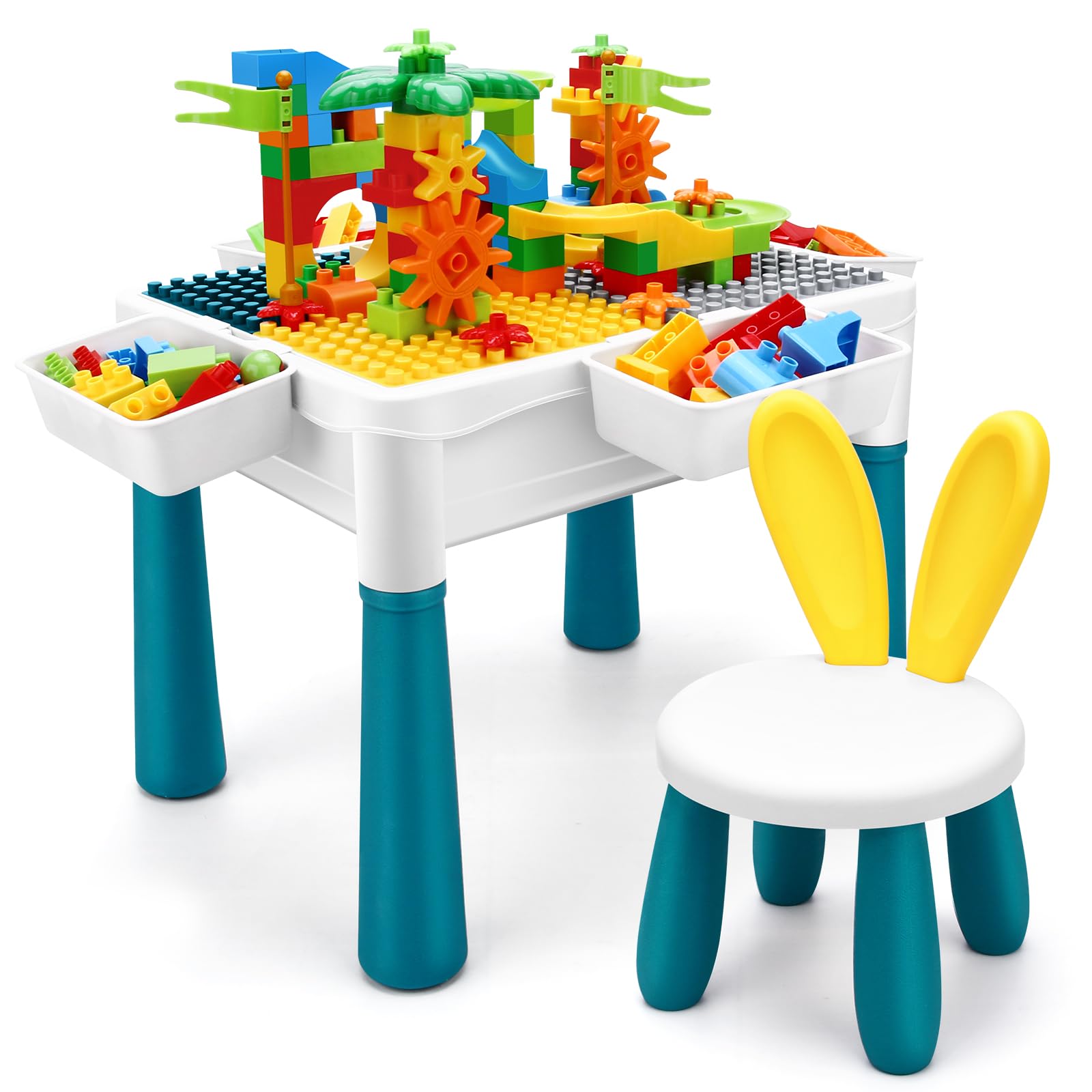 Photo 1 of SWATOW Kids Activity Table, 6-in-1 Play Table Chair Set - Adjustable Height, Storage Box, 105pcs Marble Run Building Blocks, Water & Sand Table Playset Toy Gift for Toddlers