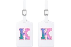 Sodsay 2 PCS Initial Luggage Tag, Luggage Tags for Suitcases Cute Sequin Letter PU Leather Travel Bag Baggage Tags Privacy Cover ID Label for Women Kids Teens Men(K, White Leather+Colorful Letter)