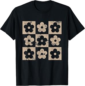 Neutral Checkerboard Daisy Flowers Retro Boho Floral Women T-Shirt