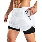 Pudolla Men's 2 in 1 Workout Running Shorts 5" with Zipper Phone Pockets Quick Dry Gym Athletic Shorts with Compression Liner