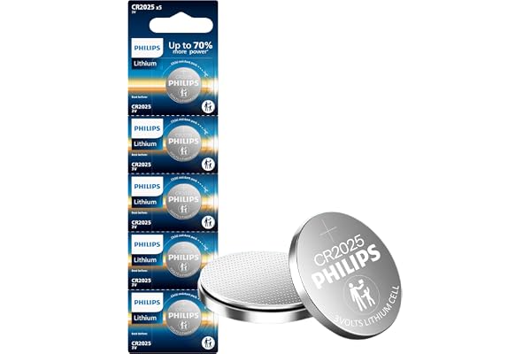 PHILIPS CR2025 Battery 5 Pack | CR 2025 Batteries | Up to 70% More Power | 10 Year Shelf Life | CR 2025 3v Lithium Coin Batte