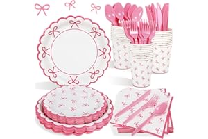 Lopeastar 175Pcs Coquette Birthday Decorations Plates Set, Pink Bow Birthday Decorations Girls Birthday Plates Napkins Cups and Cutlery for 25 Guests