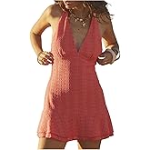 SHENHE Women's Summer Halter Mini Dress Deep V Neck Backless Ruffle Hem Vacation Sundress