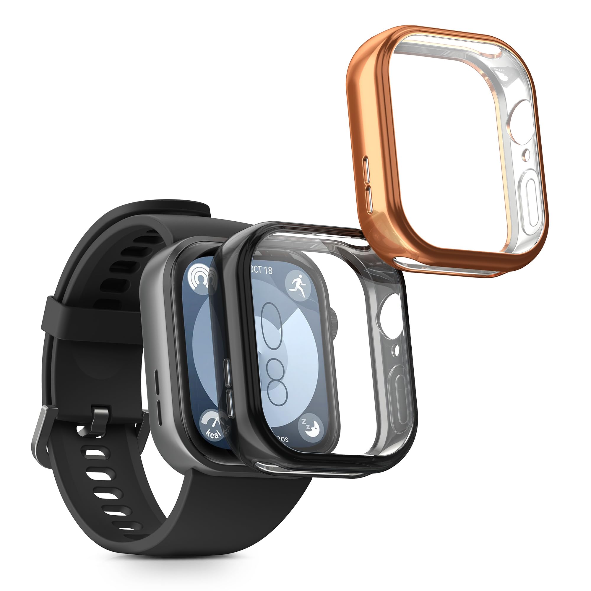 kwmobile Case Compatible with Huawei Watch Fit 3 Case - 2x TPU Silicone Fitness Tracker Cover - Black/Rose Gold