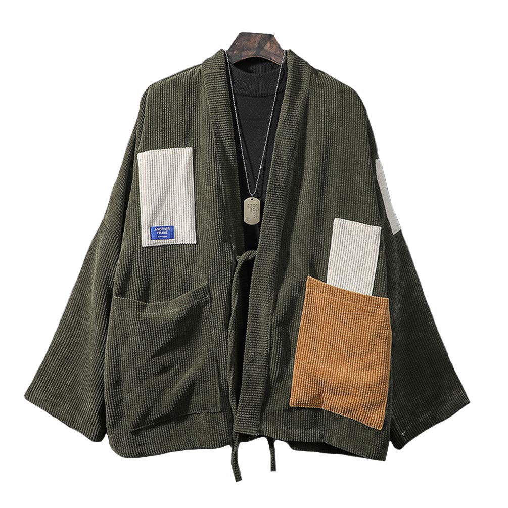 HAORUNMen Corduroy Kimono Cardigans Jacket Japanese Coat Patchwork Retro Baggy Green
