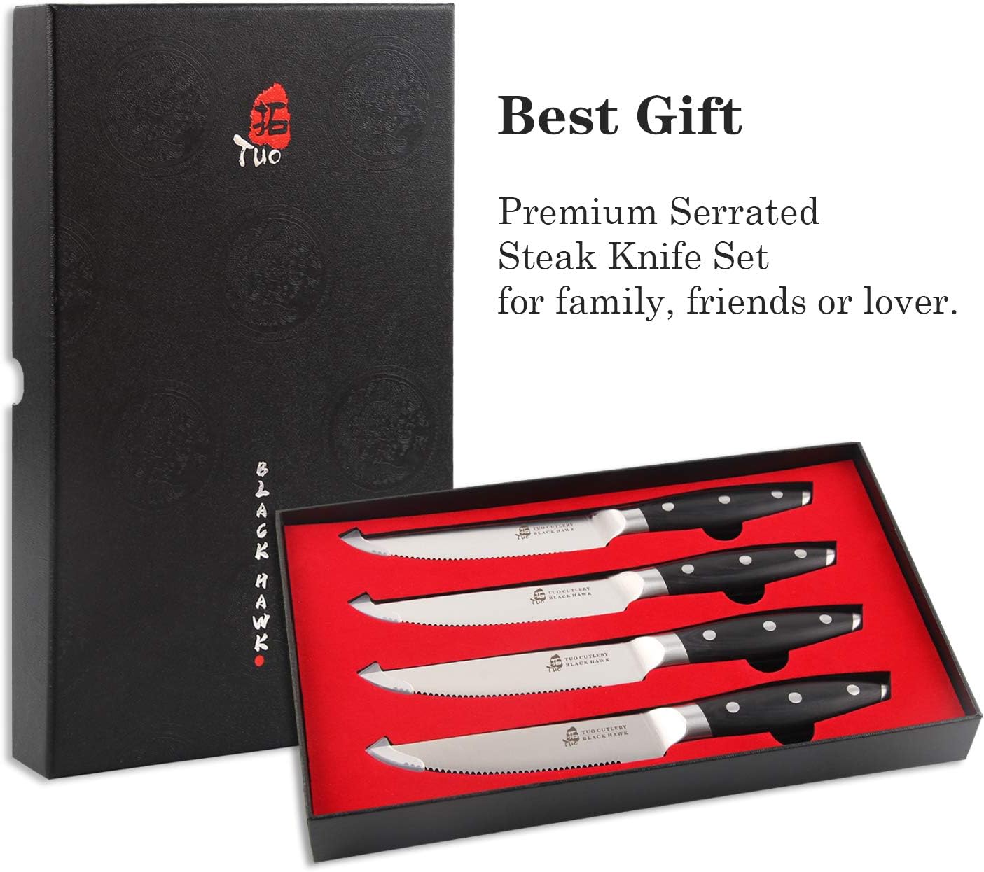 TUO Serrated Steak Knife - 5 inch Professional Kitchen Steak Knife Set 4 - Table Dinner Knife - German HC Stainless Steel Non Slip Pakkawood Handle - BLACK HAWK SERIES Including Gift Box: Kitchen & Dining