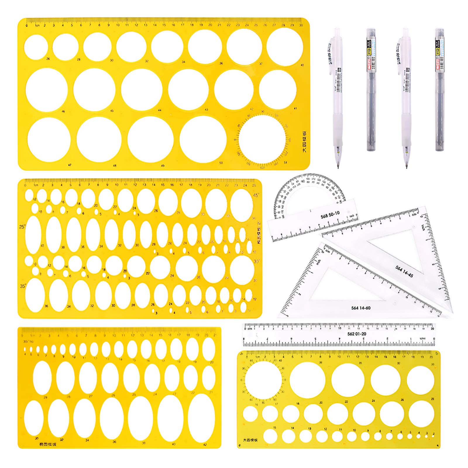 Keadic 10 Pieces Small and Large Plastic Circle and Oval Templates Measuring Rulers with Mechanical Pencils and Spare Pencil Lead for Office Class or Personal Paintings