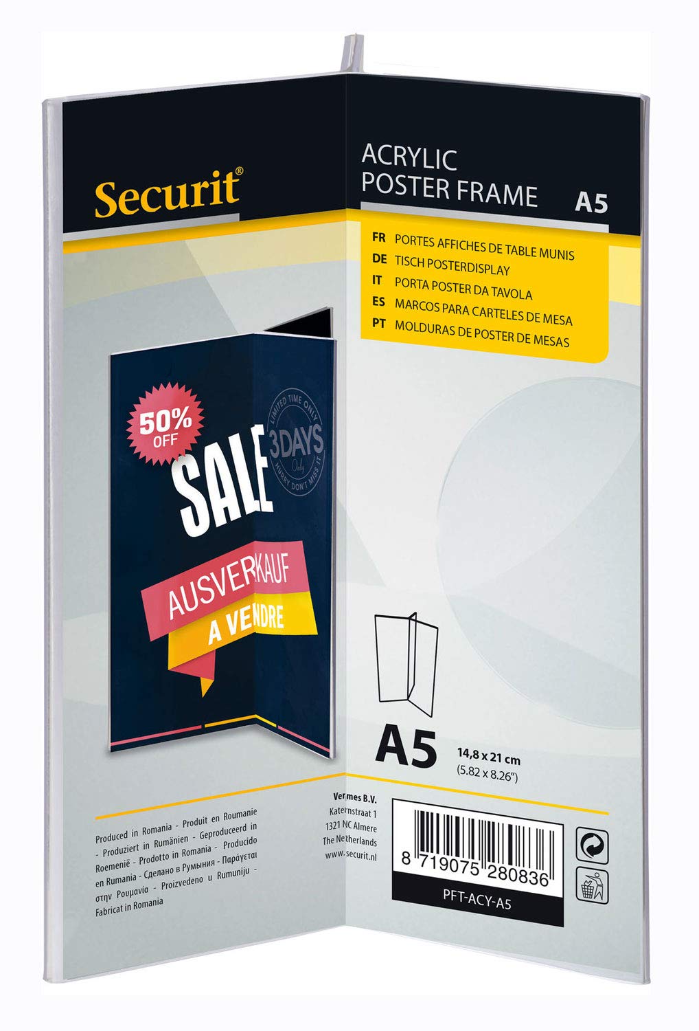 Securit Acrylic Table Stand, Transparent Three-Sided Card Holder DIN A5 in Y-Shape, Ideal for Presenting Drinks or Menus