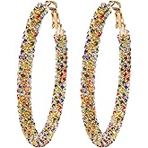 JINGDR Multcolors Cubic Zirconia Hoop Earrings For Women Statement Oval Rhinestone Hoop Earrings 14K Gold Plated Chunky Hoop Earrings Dainty Lightweight Big Earrings Trendy Jewelry (55MM/45MM)