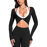 INGIA Womens Long Sleeve Knot Top Twist Front Cropped Activewear Ribbed Shirt Ballet Pilates Yoga Gym Top