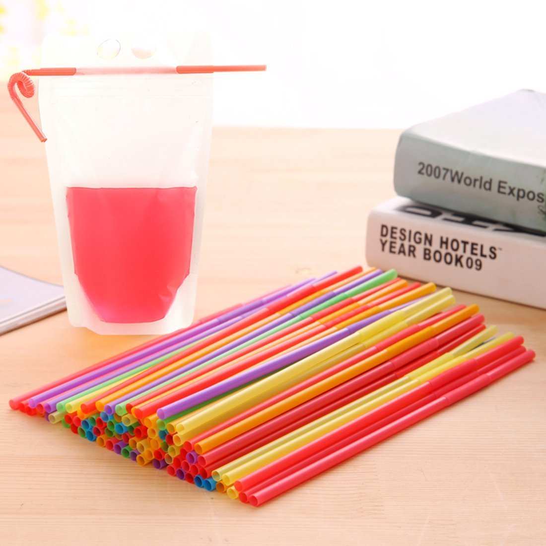 Beverage Pouch with Plastic Straw 50 Set per Pack Hand-held Clear Frosted Reclosable Zipper Stand Up Juice Drink Bag