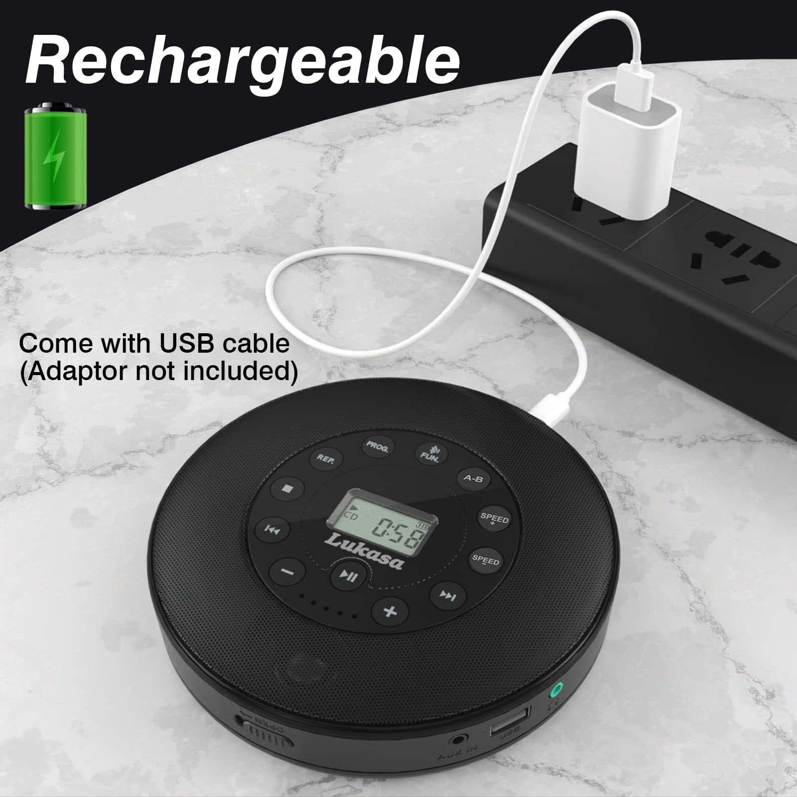 Lukasa Portable Bluetooth CD Player Built-in Speaker Stereo, Personal MP3 Players Rechargeable Compact Car Disc CD Music Player USB Play Anti-Shock Protection (Black)