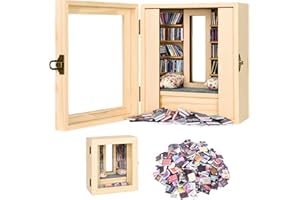 Baychon Mini Anxiety Book Display Box, Tiny Miniature Home Library Decor with 200pcs Mini Books
