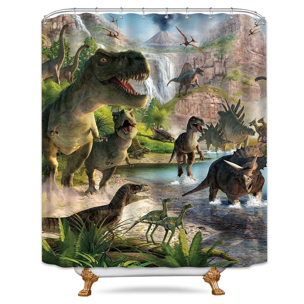 JOOCAR Design Shower Curtain Kids Dinosaur Animal Jungle Forest Mountain Decor Waterproof Cloth Fabric Bathroom Decor Set with Hooks,72x72 Inch