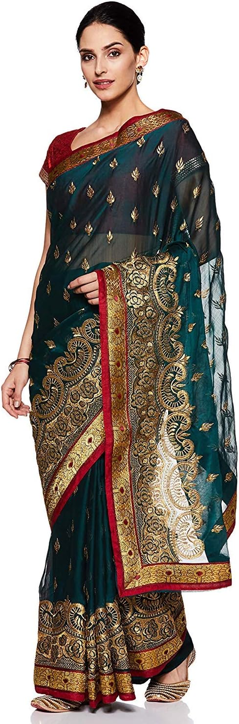 VintFlea Womens Sarees for Indian Women Embroidered Satin Saree with Blouse Piece