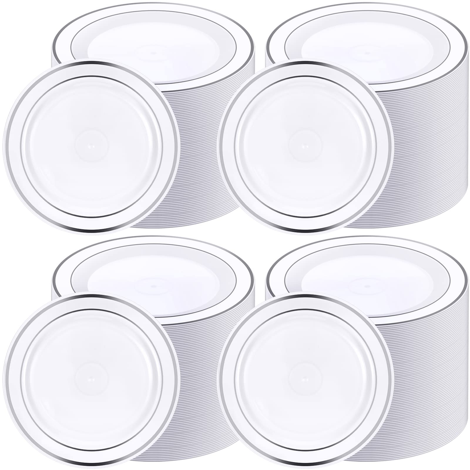 Photo 1 of 200 Pieces Disposable Plates Plastic Party Plates with Rim Hard Plastic Appetizer Salad Dessert 7.5 Inch Elegant Heavy Duty Tableware for Dinner Wedding Party Supplies(Silver Rim)