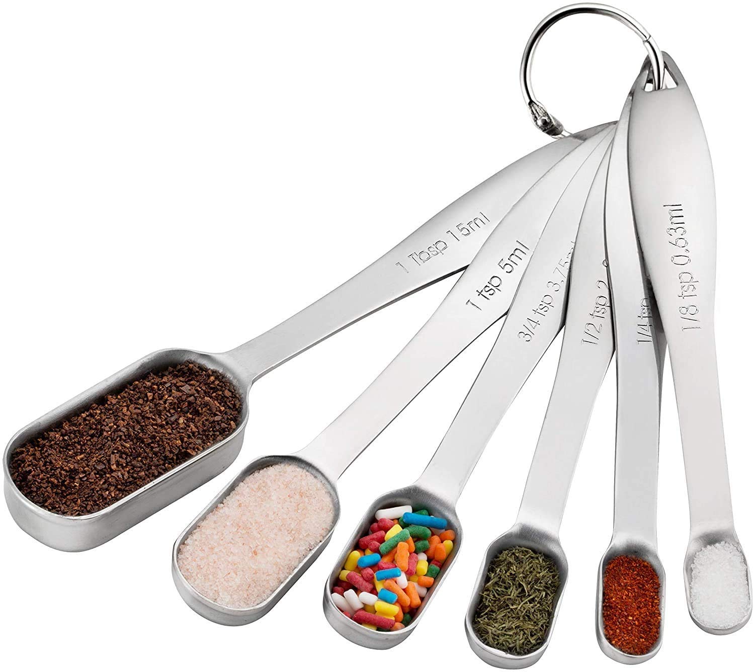 LOKIPA Heavy Duty Stainless Steel Metal Measuring Spoons for Dry or Liquid, Fits in Spice Jar, Set of 6